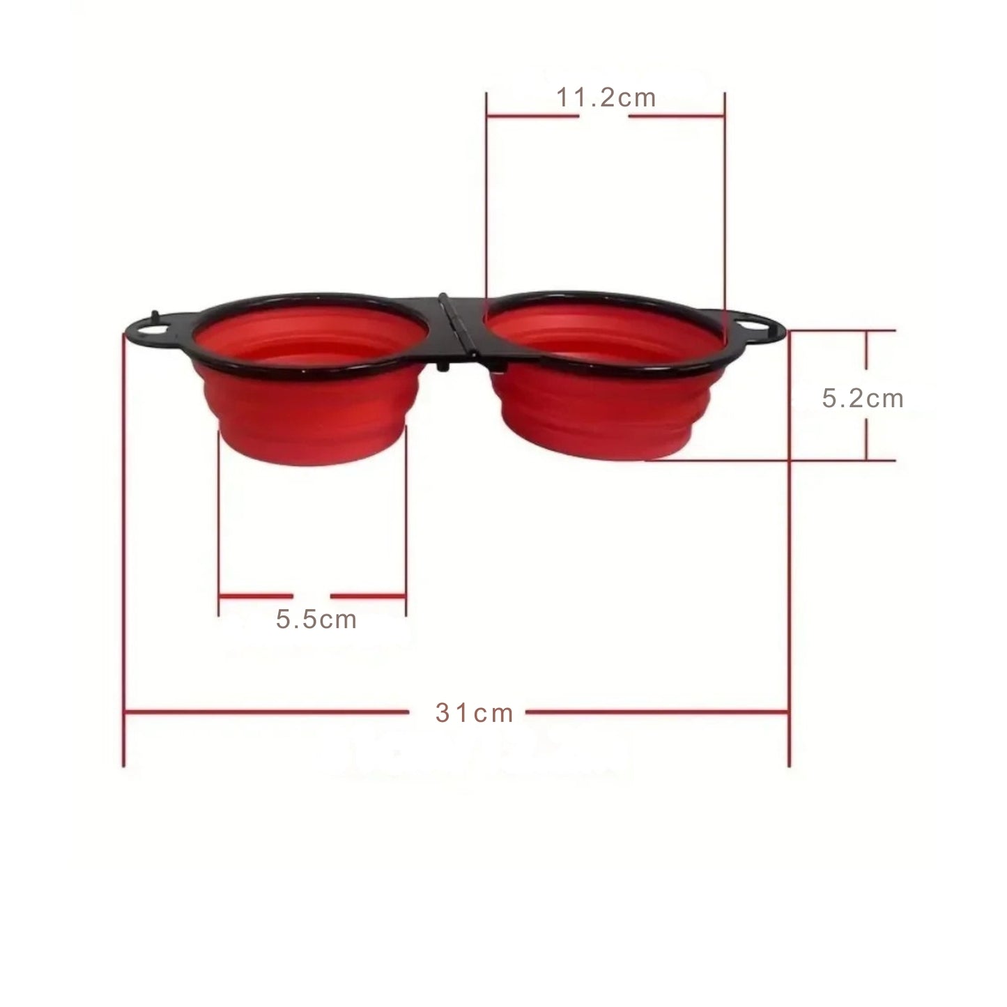 Dimensions techniques d'une gamelle pliable double rouge Les Trésors d'Owka : 31 cm de large et 5.2 cm de profondeur. Guide de taille pour cette gamelle pliable pour chat et chien idéale comme gamelle voyage compacte en silicone.