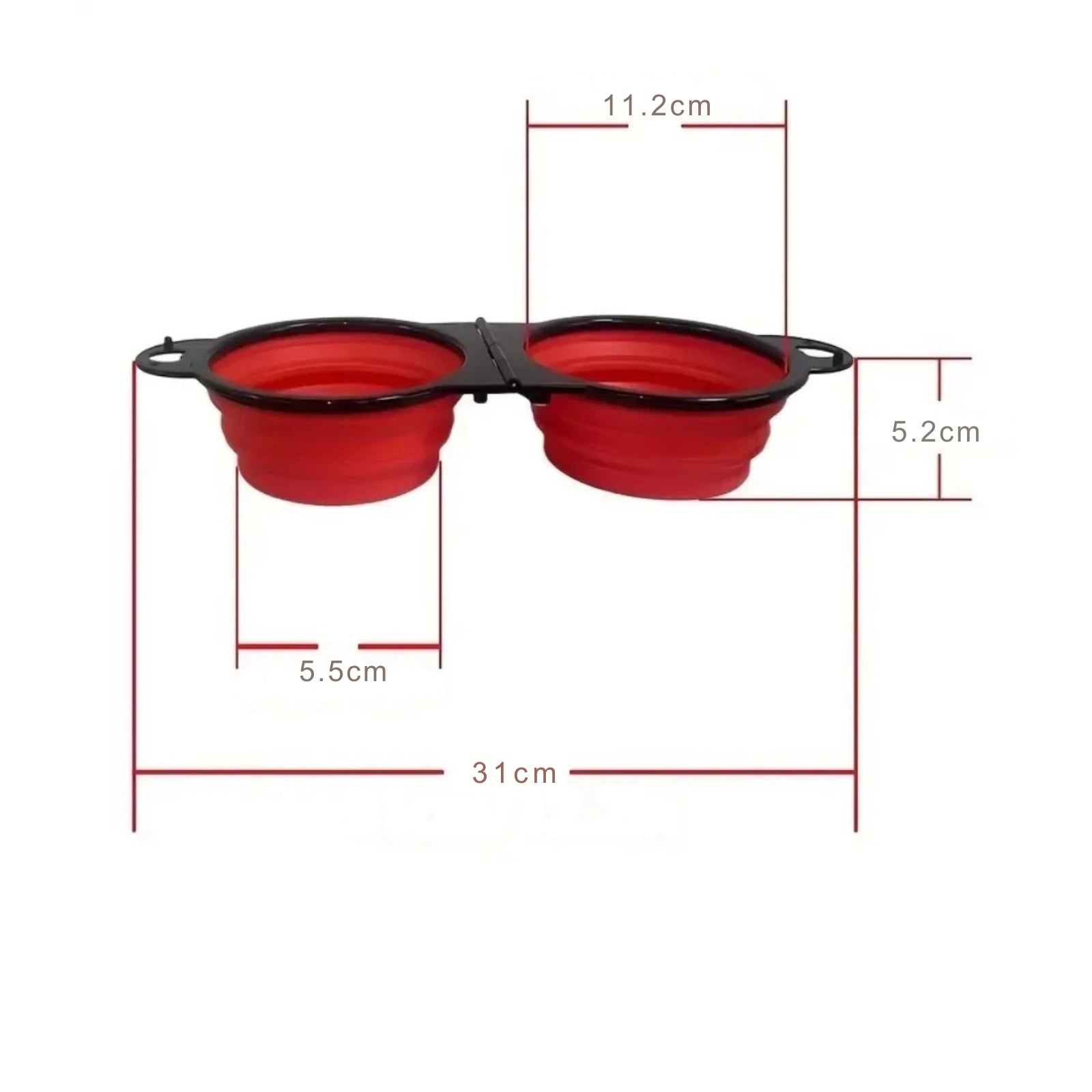 Dimensions techniques d'une gamelle pliable double rouge Les Trésors d'Owka : 31 cm de large et 5.2 cm de profondeur. Guide de taille pour cette gamelle pliable pour chat et chien idéale comme gamelle voyage compacte en silicone.