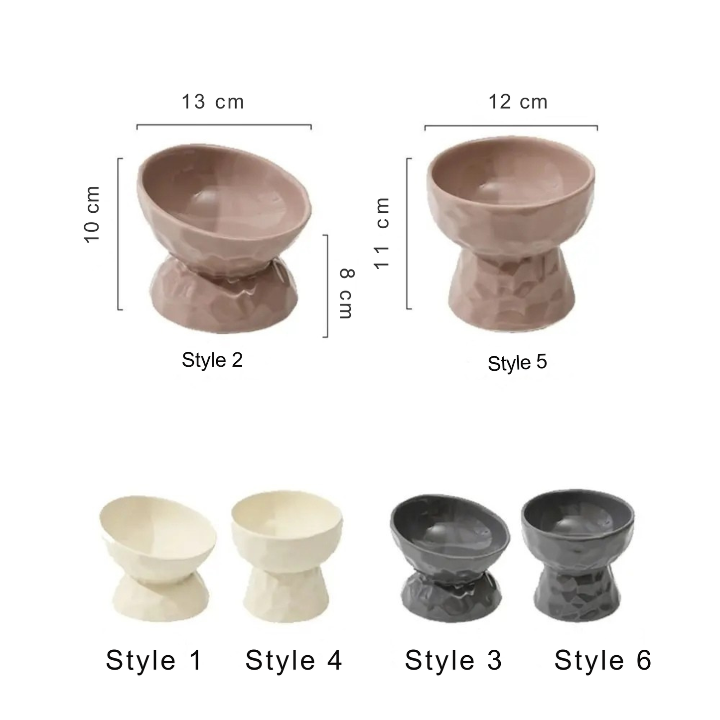 Guide des dimensions pour gamelle pour chat surélevée et inclinée disponible en 6 styles. Détails techniques d'une gamelle chat ergonomique de 10 cm à 11 cm de hauteur et 12 cm à 13 cm de largeur selon les variantes beige, noir et taupe. Cette gamelle animaux orthopédique est idéale pour s'adapter à la morphologie de votre félin.