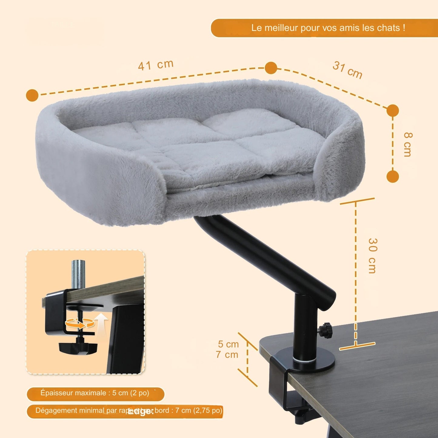 Dimensions techniques du hamac à chat bureau gris : plateau de 41x31 cm et hauteur de 30 cm. Ce hamac pour chat avec bras rotatif noir s'adapte aux tables jusqu'à 5 cm d'épaisseur. Un hamac chat robuste en peluche grise, idéal pour optimiser l'espace de travail en télétravail.