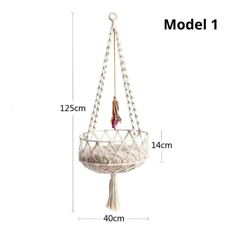 Schéma des dimensions du hamac pour chat en macramé (Modèle 1) : hauteur totale de 125 cm, diamètre du panier de 40 cm et profondeur de 14 cm, réalisé en coton tressé blanc avec pompon décoratif.