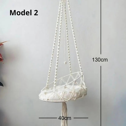 Schéma des dimensions du hamac pour chat en macramé (Modèle 2) : hauteur totale suspendue de 130 cm et diamètre du panier de 40 cm, réalisé en coton tressé blanc avec coussin.