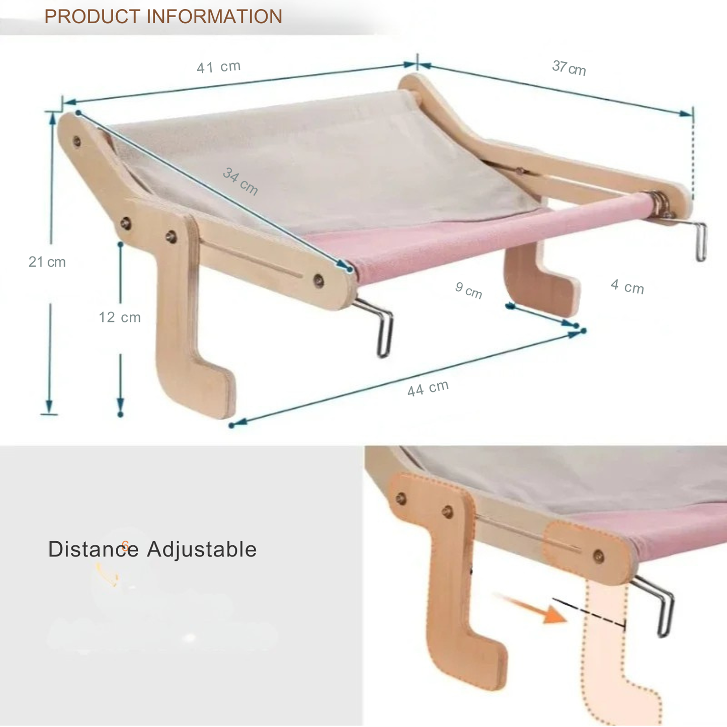 Schéma technique du hamac pour chat en bois ajustable avec dimensions : 41x37 cm de surface, hauteur 21 cm. L'image détaille le système de réglage de distance pour s'adapter aux rebords de fenêtres ou canapés. Plan de montage précis pour hamac a chat stable sans perçage. Mobilier universel pour hamac pour chat. Qualité Les Trésors d'Owka.