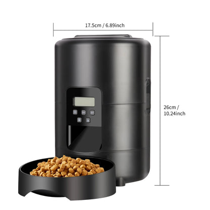 Schéma technique montrant les dimensions d'un distributeur automatique de croquettes noir : 26 cm de hauteur totale et 17,5 cm de largeur pour le réservoir principal.