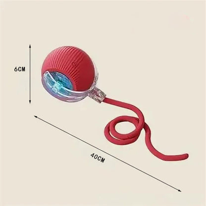 Schéma technique du jouet serpent interactif rouge pour chat, montrant une tête robotisée de 6 cm de diamètre avec LED bleue et une queue flexible pour une longueur totale de 40 cm