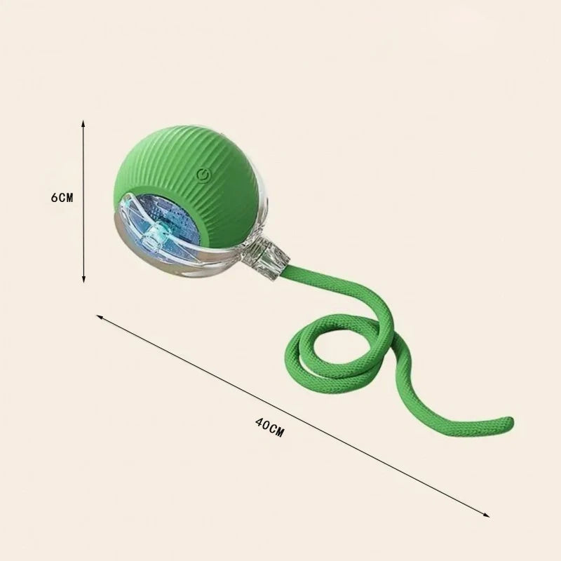 Schéma technique du jouet serpent interactif vert pour chat, montrant une tête robotisée de 6 cm de diamètre avec LED bleue et une queue flexible pour une longueur totale de 40 cm.