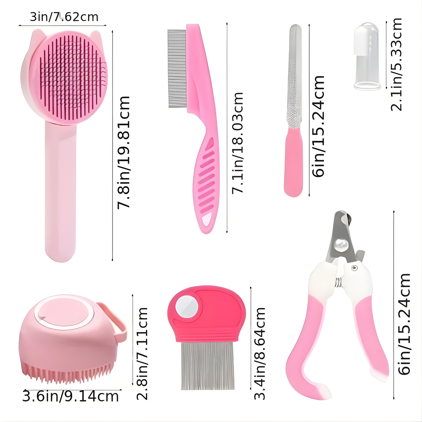 Infographie des dimensions du kit de toilettage rose : brosse de 19,81 cm, peignes de 18,03 cm et 8,64 cm, coupe-griffes et lime de 15,24 cm, brosse de bain de 9,14 cm et doigtiers de 5,33 cm.