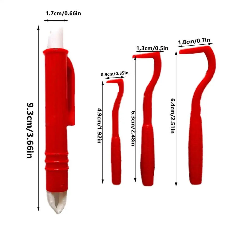 Dimensions précises du kit pince à tique bleu ciel : stylo extracteur de 9,3 cm et trois crochets tire-tique de 4,9 cm à 6,4 cm. Cette pince tique chat et chien s'adapte à toutes les tailles de parasites. Accessoire de soin professionnel type pince tique avec mesures détaillées en cm et pouces pour une extraction sécurisée et hygiénique.
