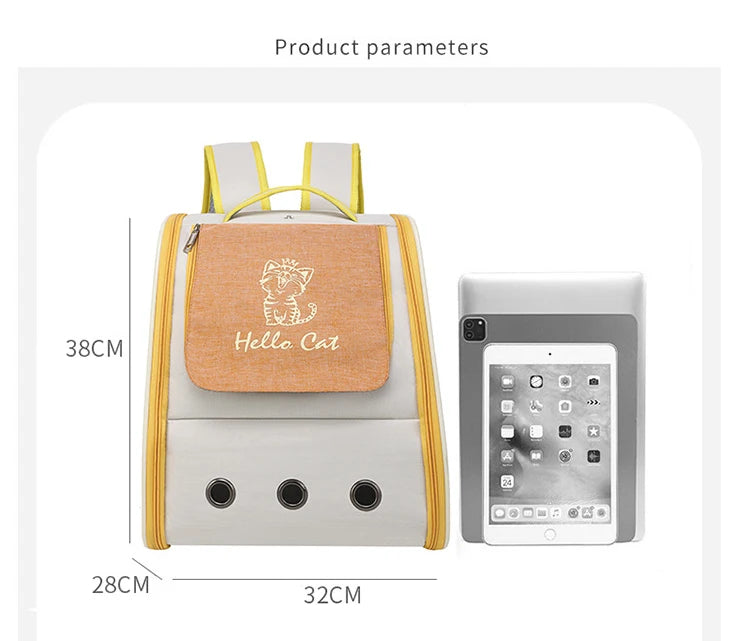 Schéma des dimensions d'un sac à dos de transport pour chat blanc et jaune : 38 cm de hauteur, 32 cm de largeur et 28 cm de profondeur, avec comparatif de taille à côté de deux tablettes numériques.