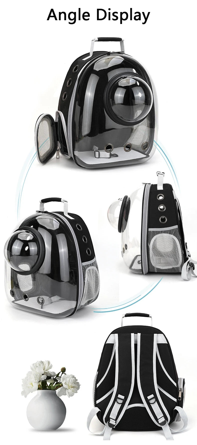 Schéma des dimensions d'un sac à dos de transport pour chat noir et transparent : 42 cm de hauteur, 35 cm de largeur et 25 cm de profondeur, avec fenêtre en forme de bulle et œillets d'aération.