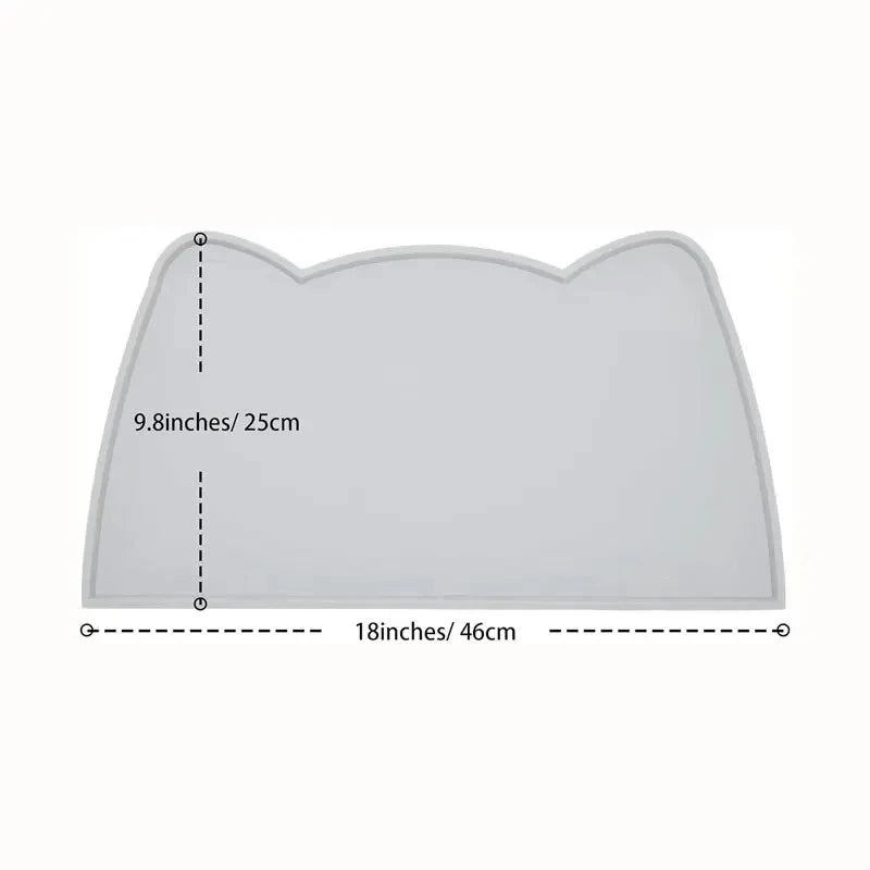 Schéma technique détaillé présentant les dimensions exactes du tapis gamelles chat de la boutique Les Trésors d'Owka. L'image affiche un tapis chat gris en silicone avec une largeur de 46 cm (18 pouces) et une hauteur de 25 cm (9,8 pouces). Ce tapis gamelles offre une surface de protection généreuse pour vos sols, idéale pour accueillir plusieurs bols ou une fontaine à eau. Sa conception en silicone alimentaire avec bords anti-débordement garantit une hygiène parfaite et une protection durable de vos parque