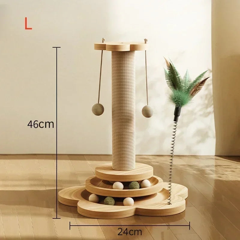 Dimensions de la tour de jeu pour chat Taille L : hauteur de 46 cm et base de 24 cm, comprenant un poteau en sisal, un circuit de balles interactif à deux niveaux et un plumeau sur ressort.
