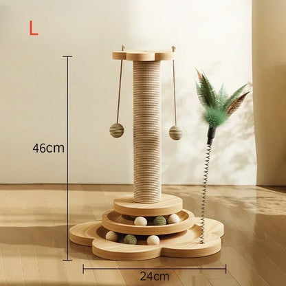 Dimensions de la tour de jeu pour chat Taille L : hauteur de 46 cm et base de 24 cm, comprenant un poteau en sisal, un circuit de balles interactif à deux niveaux et un plumeau sur ressort.