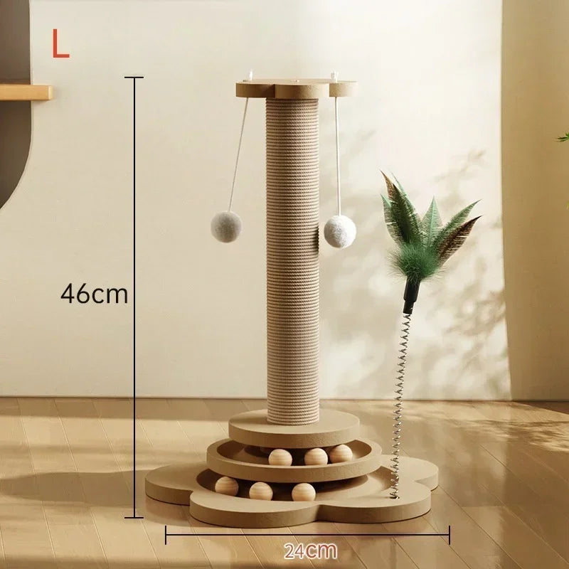 Dimensions de la tour de jeu pour chat Taille L : hauteur de 46 cm et base de 24 cm, comprenant un poteau en sisal, un circuit de balles à deux niveaux et un plumeau interactif.