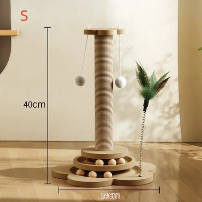 Dimensions de la tour de jeu pour chat Taille S : hauteur de 40 cm et base de 24 cm, comprenant un poteau en sisal, un circuit de balles à deux niveaux et un plumeau interactif.