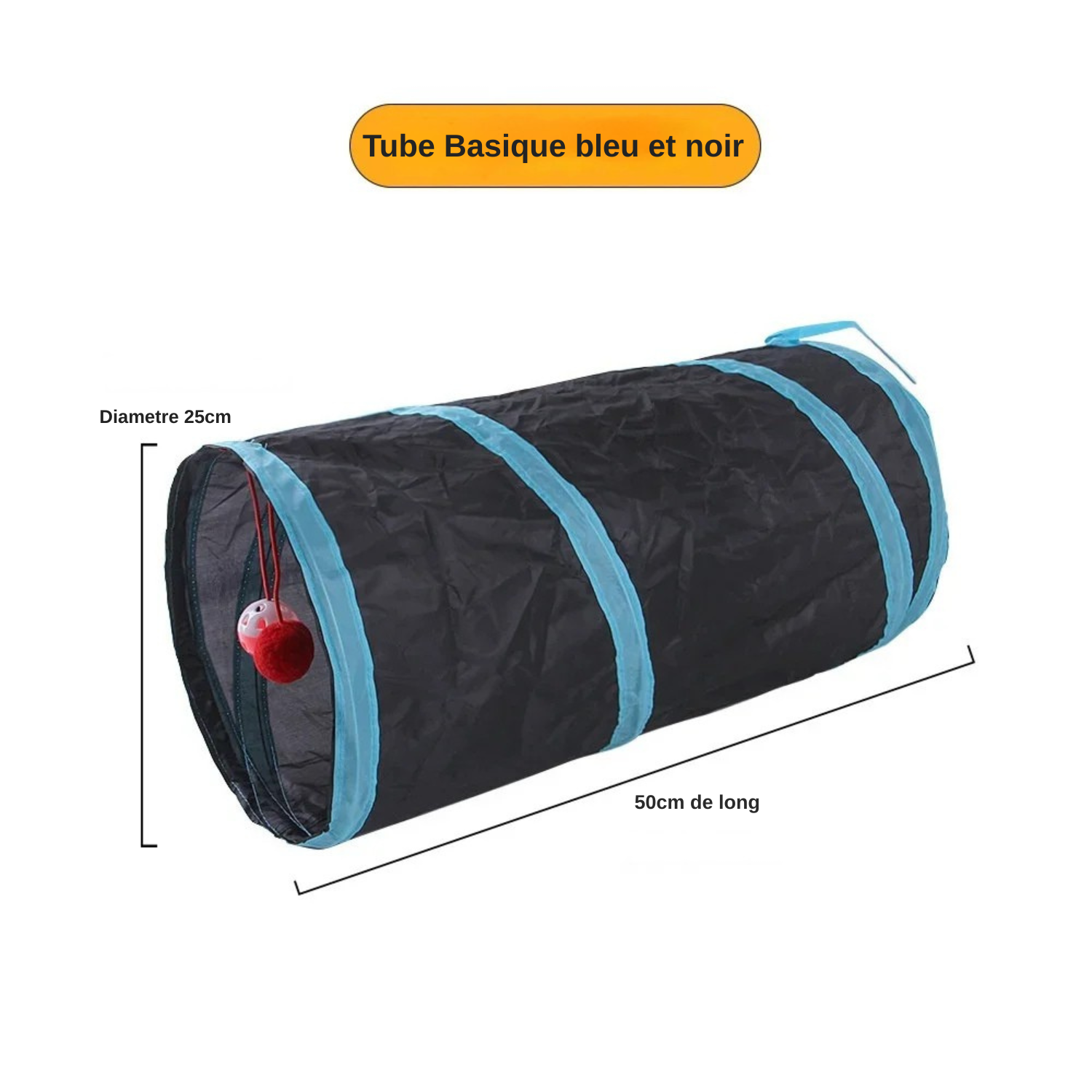Schéma technique d'un tunnel basique de jeu pour chat en nylon bleu et noir, mesurant 50 cm de long avec un diamètre d'ouverture de 25 cm, incluant une balle grelot et un pompon suspendus à l'entrée.