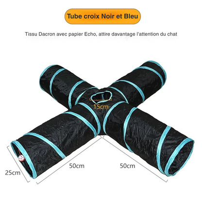 Schéma technique d'un tunnel de jeu pour chat en forme de croix (4 voies), couleur bleu et noir, conçu en tissu Dacron avec papier Echo bruissant, mesurant 50 cm par section avec une ouverture centrale de 15 cm.