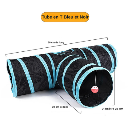 Schéma technique d'un tunnel de jeu pour chat en forme de T, couleur bleu et noir, avec une voie principale de 80 cm, une voie latérale de 30 cm et une balle suspendue pour l'éveil.