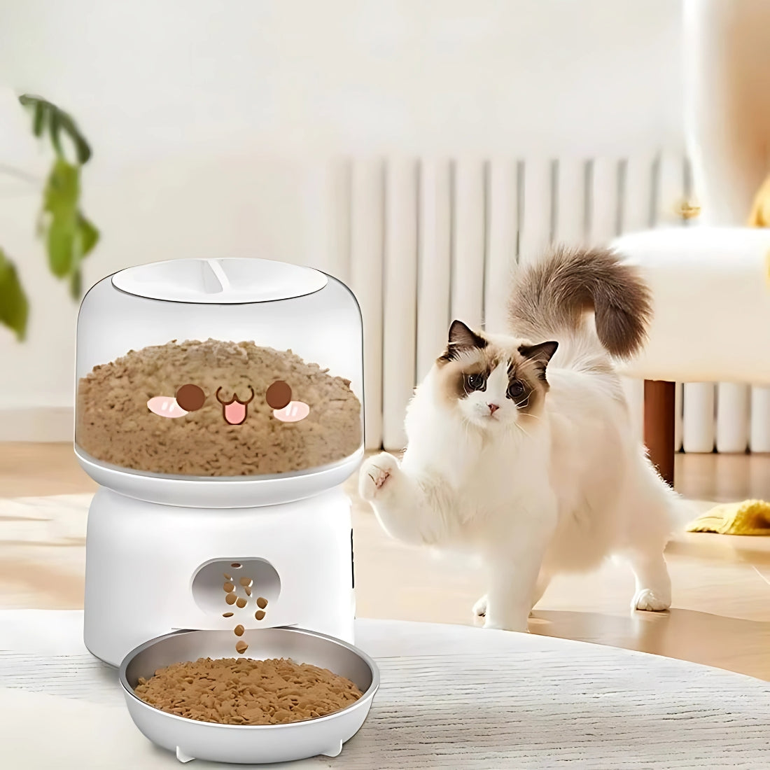 Distributeur automatique de croquettes blanc au design mignon avec visage Kawaï, réservoir transparent et bol en acier inoxydable, présenté à côté d'un chat Ragdoll dans un salon lumineux.