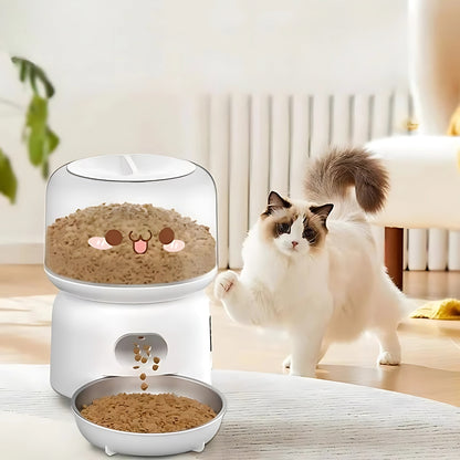 Distributeur automatique de croquettes blanc au design mignon avec visage Kawaï, réservoir transparent et bol en acier inoxydable, présenté à côté d'un chat Ragdoll dans un salon lumineux.