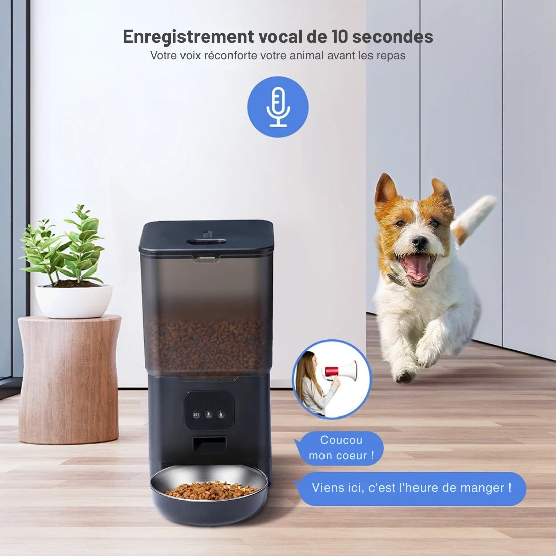 Distributeur automatique de croquettes noir avec fonction d'enregistrement vocal de 10 secondes pour appeler le chien ou le chat au moment du repas avec une voix familière.
