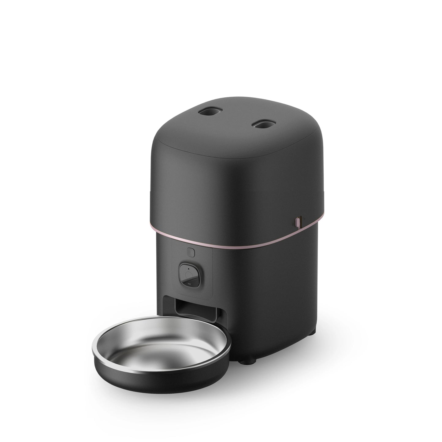 Distributeur automatique de croquettes noir mat et rose avec gamelle en acier inoxydable pour chat. Ce modèle connecté assure une nutrition saine et précise à domicile. Un complément indispensable à votre traceur gps pour une surveillance 360°. Offrez à votre animal la même fiabilité qu'un collier gps chat pour ses repas avec ce dispositif intelligent, partenaire idéal de votre collier gps.