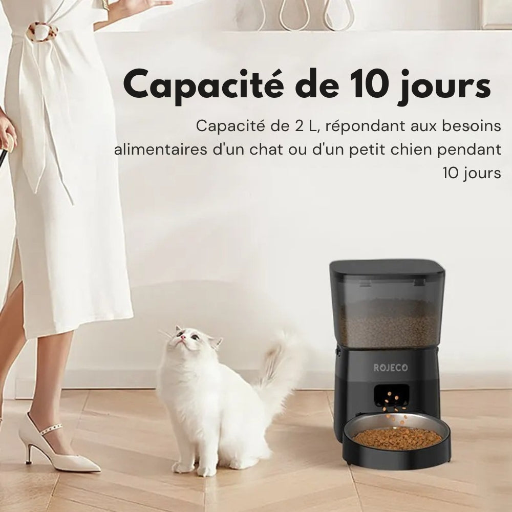 Distributeur automatique ROJECO noir de 2 litres offrant une autonomie de 10 jours pour chat ou petit chien, montrant un chat blanc attendant son repas à côté de l'appareil.