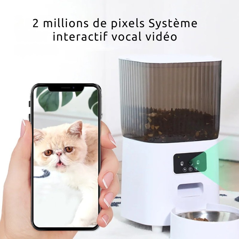 Main tenant un smartphone affichant la vidéo en direct d'un chat via un distributeur croquettes chat avec caméra 2 millions de pixels. Le visuel présente le système interactif vocal et vidéo HD. Ce distributeur croquettes automatique blanc avec bol inox permet de surveiller et parler à son animal à distance. Parfait comme distributeur croquettes chien intelligent pour une interaction Full HD.