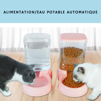 Deux chats utilisant un ensemble distributeur croquettes chat et abreuvoir automatique rose poudré. Le visuel montre le remplissage automatique par gravité de l'eau potable et des croquettes fraîches. Ce distributeur croquettes manuel garantit une autonomie totale sans piles. Idéal comme distributeur croquettes chien miniature pour un coin repas design et pratique.