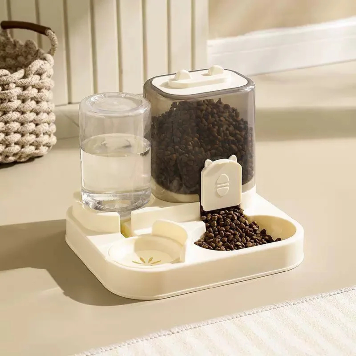 Station de nutrition 2-en-1 beige avec distributeur croquettes chat par gravité et abreuvoir automatique intégré. Le visuel montre le réservoir à grains transparent fumé rempli et le flacon d'eau fraîche. Ce distributeur croquettes assure une autonomie alimentaire complète sans piles. Idéal comme distributeur croquettes chien de petite taille pour optimiser l'espace.