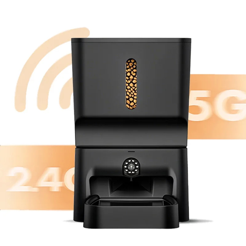 Face avant d'un distributeur croquettes chat et chien noir mat compatible Wi-Fi 5G et 2.4G. Le visuel met en avant la caméra HD intégrée et la fenêtre de contrôle du niveau de nourriture. Ce distributeur croquettes automatique offre une connexion fluide et rapide pour surveiller votre animal à distance. Idéal comme distributeur croquettes chien intelligent pour une nutrition connectée sans latence.