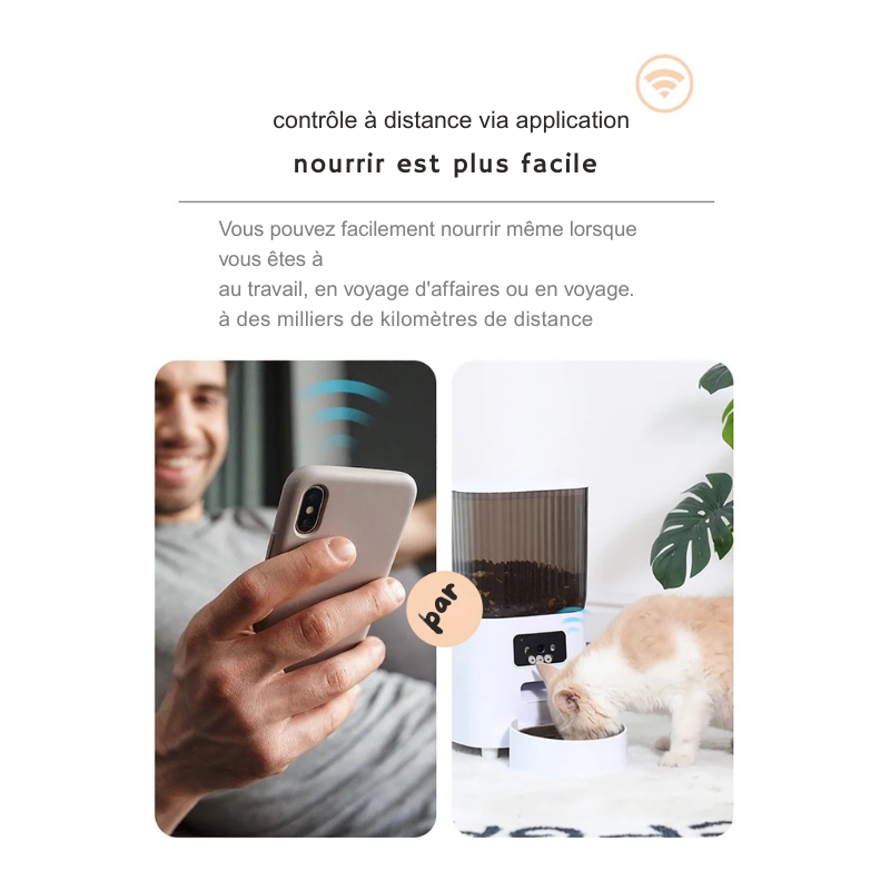 Infographie montrant un utilisateur pilotant un distributeur croquettes chat via smartphone. À gauche, l'envoi du signal WiFi, à droite le distributeur croquettes automatique blanc nourrissant un chat en temps réel. Le visuel explique la facilité de nourrir son animal à distance. Idéal comme distributeur croquettes chien intelligent pour gérer les repas depuis le travail ou en voyage.
