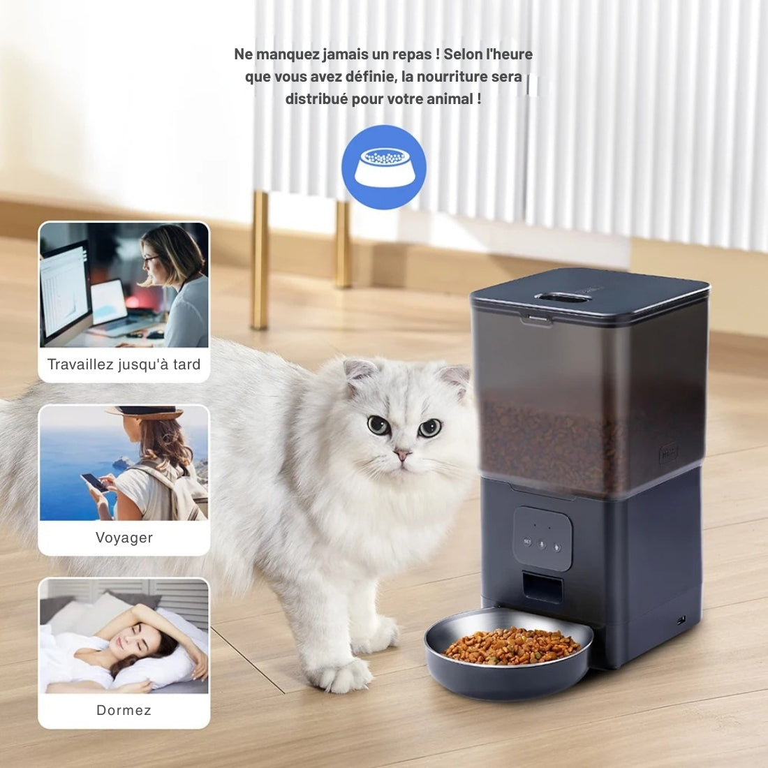 Distributeur automatique de croquettes noir pilotable à distance, présenté avec un chat blanc et des scénarios d'utilisation : travail tardif, voyage et sommeil, garantissant des repas à heures fixes.