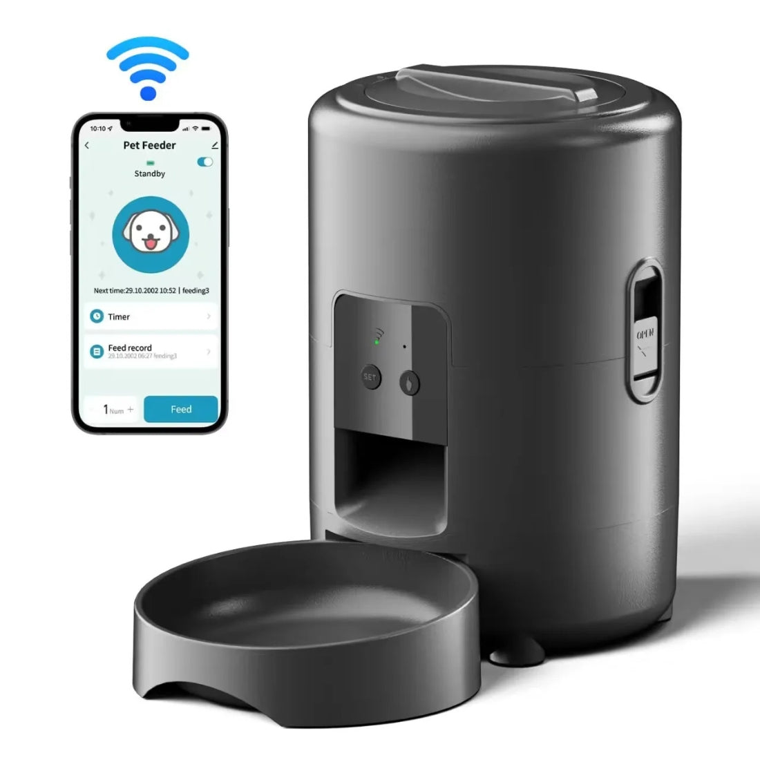 Distributeur automatique de croquettes gris anthracite pilotable par application smartphone via Wi-Fi, avec écran de contrôle et bol de nourriture intégré.