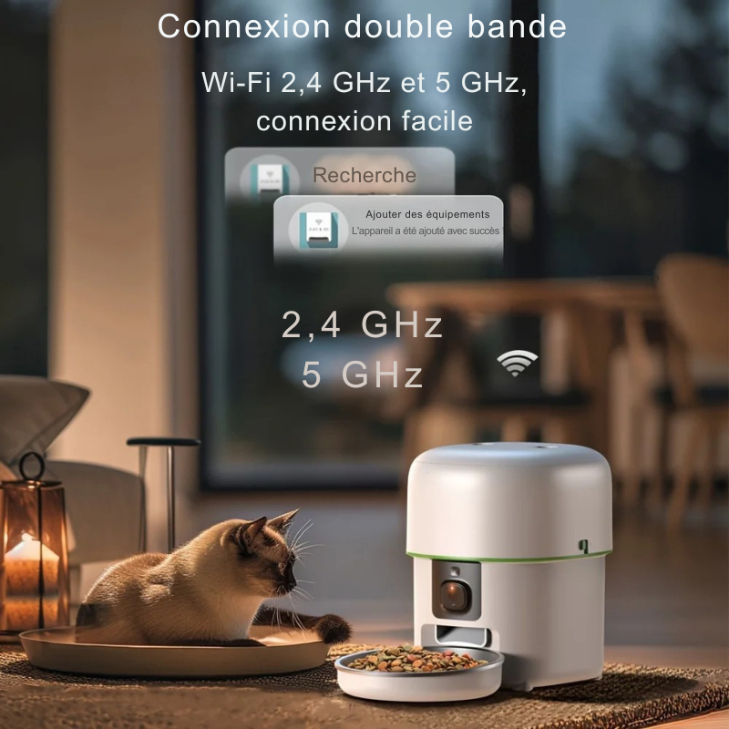 Infographie du distributeur automatique de croquettes avec connexion Wi-Fi double bande 2,4 GHz et 5 GHz. L'image illustre une connexion facile et rapide via application smartphone. Cette technologie de pointe complète parfaitement votre traceur gps pour une surveillance domestique sans faille. Un dispositif aussi réactif qu'un collier gps chat, garantissant que votre animal est nourri et surveillé comme avec un collier gps de haute précision.