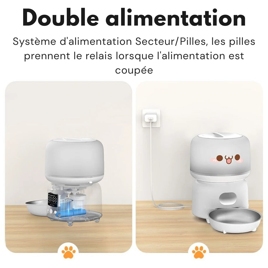 Infographie du distributeur mignon pour chat présentant le système de double alimentation : branchement sur secteur par prise murale et compartiment à piles de secours interne pour assurer le fonctionnement en cas de coupure électrique.
