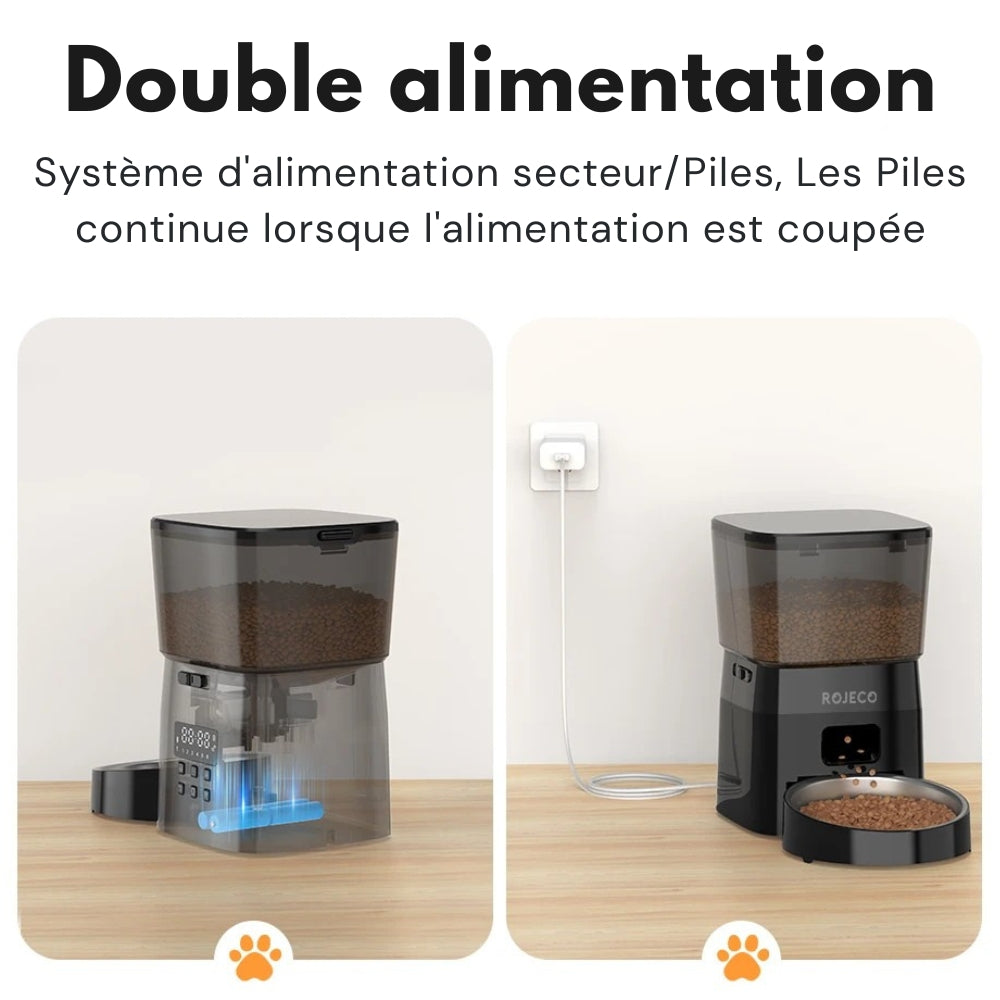 Infographie du distributeur ROJECO présentant le système de double alimentation : branchement sur secteur via prise murale et compartiment à piles de secours pour assurer le fonctionnement en cas de coupure électrique.