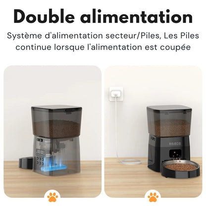 Infographie du distributeur ROJECO présentant le système de double alimentation : branchement sur secteur via prise murale et compartiment à piles de secours pour assurer le fonctionnement en cas de coupure électrique.
