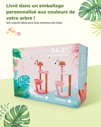 Boîte d'emballage personnalisée et colorée de l'arbre à chat Flamant rose de 87 cm (34.2''), idéale comme surprise pour les amoureux des chats, montrant les modèles rose pêche et corail.