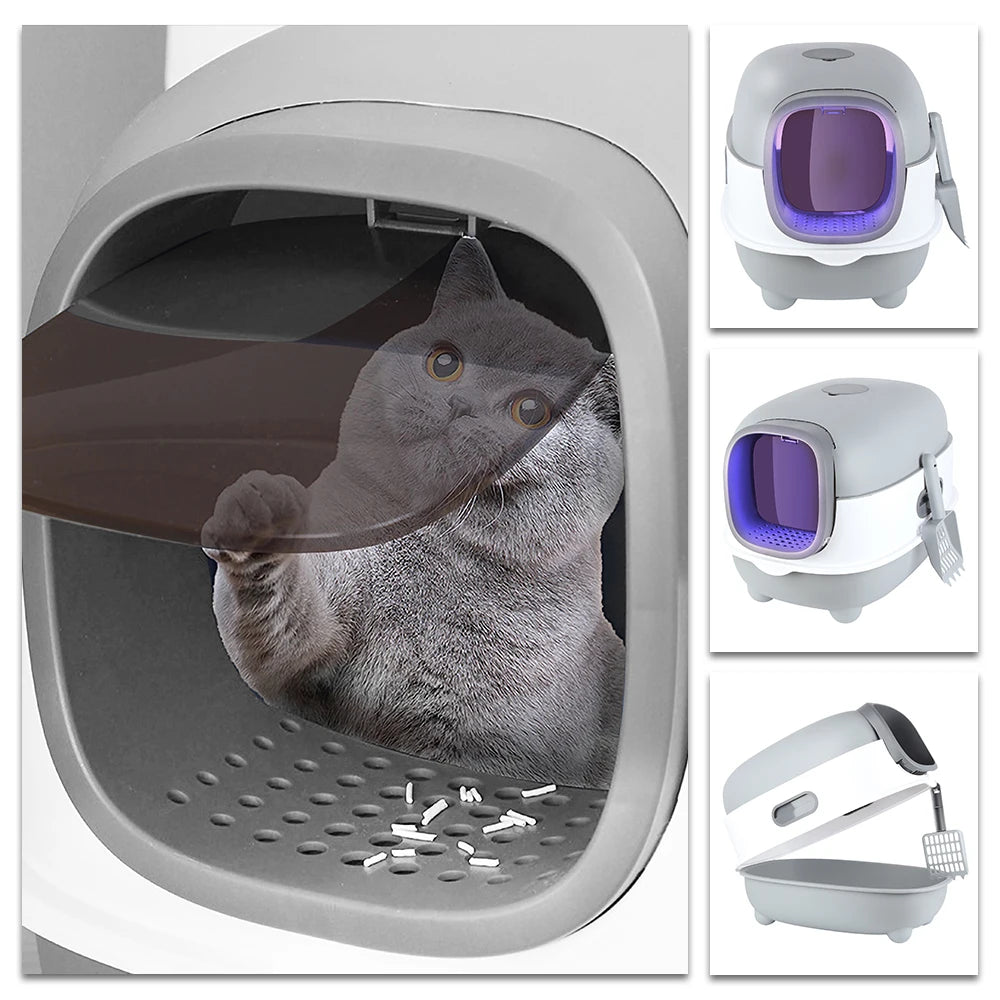 Montage multi-vues d'un bac à litière chat fermé gris et blanc. Le visuel montre un chat poussant la porte battante, le système d'ouverture du capot pour un nettoyage facile et le plateau perforé intégré. Ce bac a litiere complet avec pelle latérale est parfait comme premier bac à litière pour chaton pour limiter la dispersion des grains.