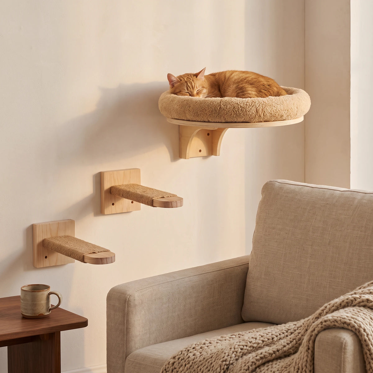 Mise en scène générée par IA : panier rond mural de 38,5 cm et ses 2 marches en jute, un chat endormi — Les Trésors d'Owka