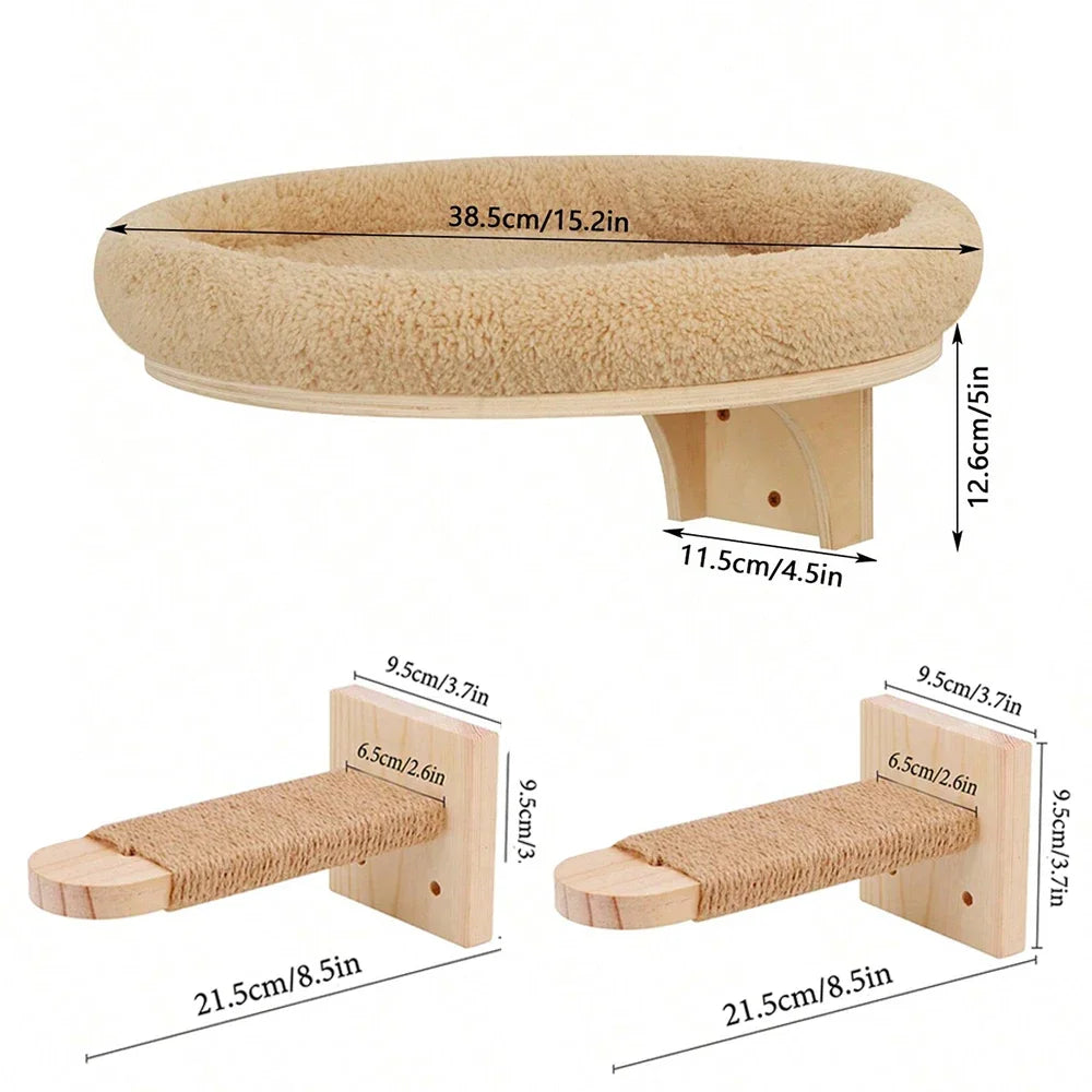 Panier rond mural pour chat de 38,5 cm garni de peluche, avec deux marches gainées de corde — Les Trésors d'Owka