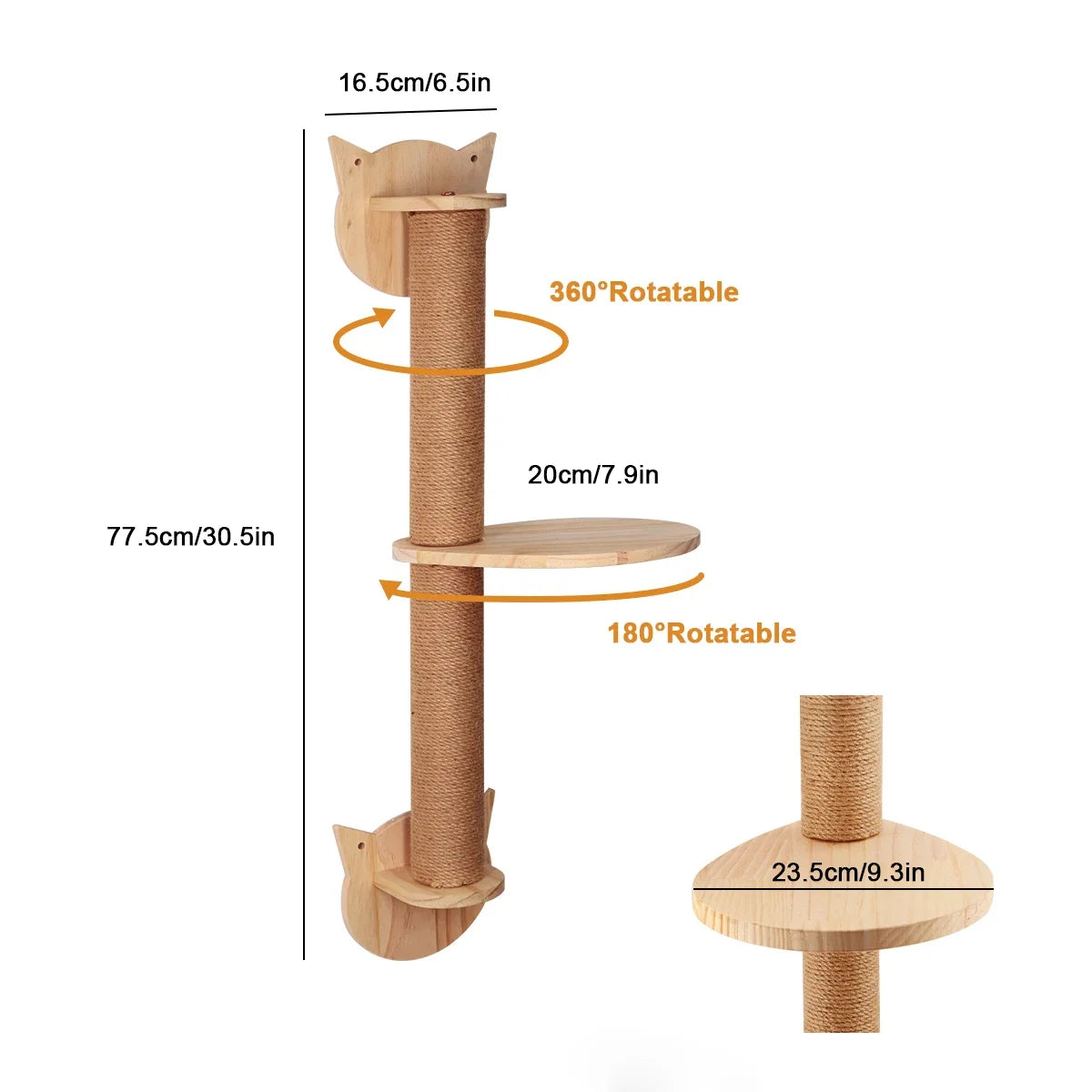 Poteau griffoir pour chat de 77,5 cm à fixer au mur, gainé de corde, avec trois plateformes en bois — Les Trésors d'Owka