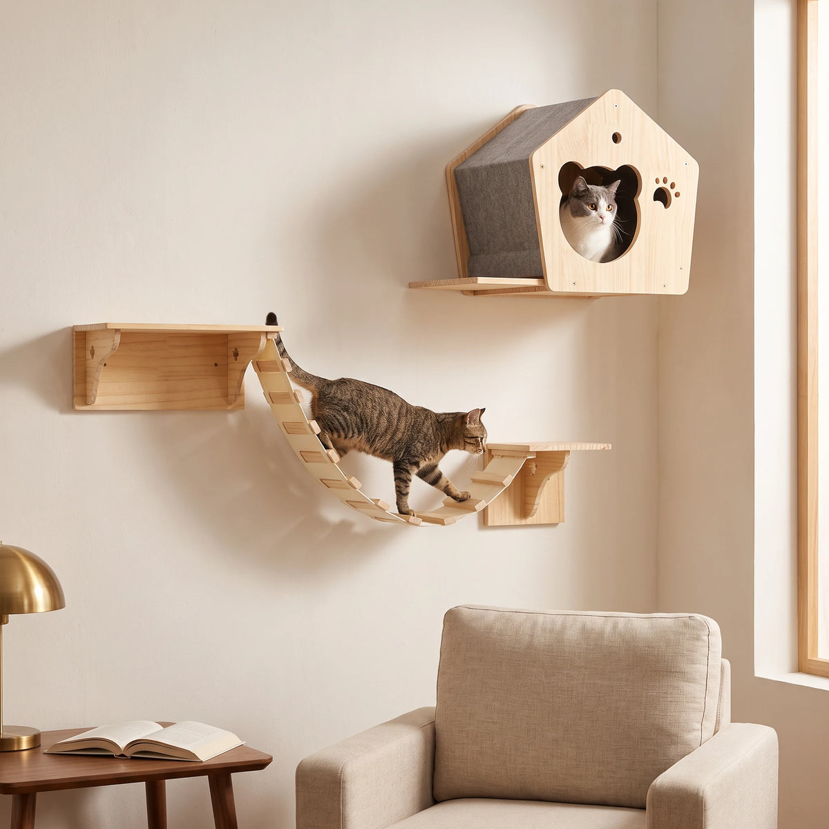 Mise en scène générée par IA : cabane porte ourson et pont de 80 cm, étagères murales pour chat — Les Trésors d'Owka