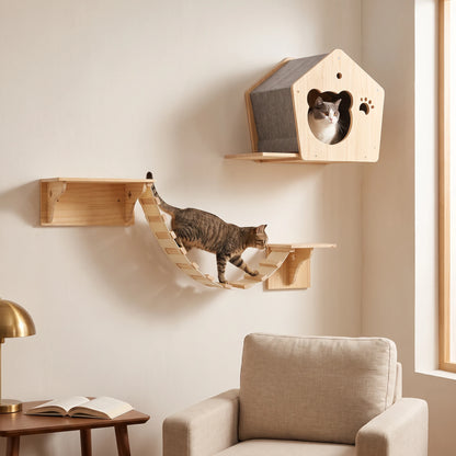 Mise en scène générée par IA : cabane porte ourson et pont de 80 cm, étagères murales pour chat — Les Trésors d'Owka