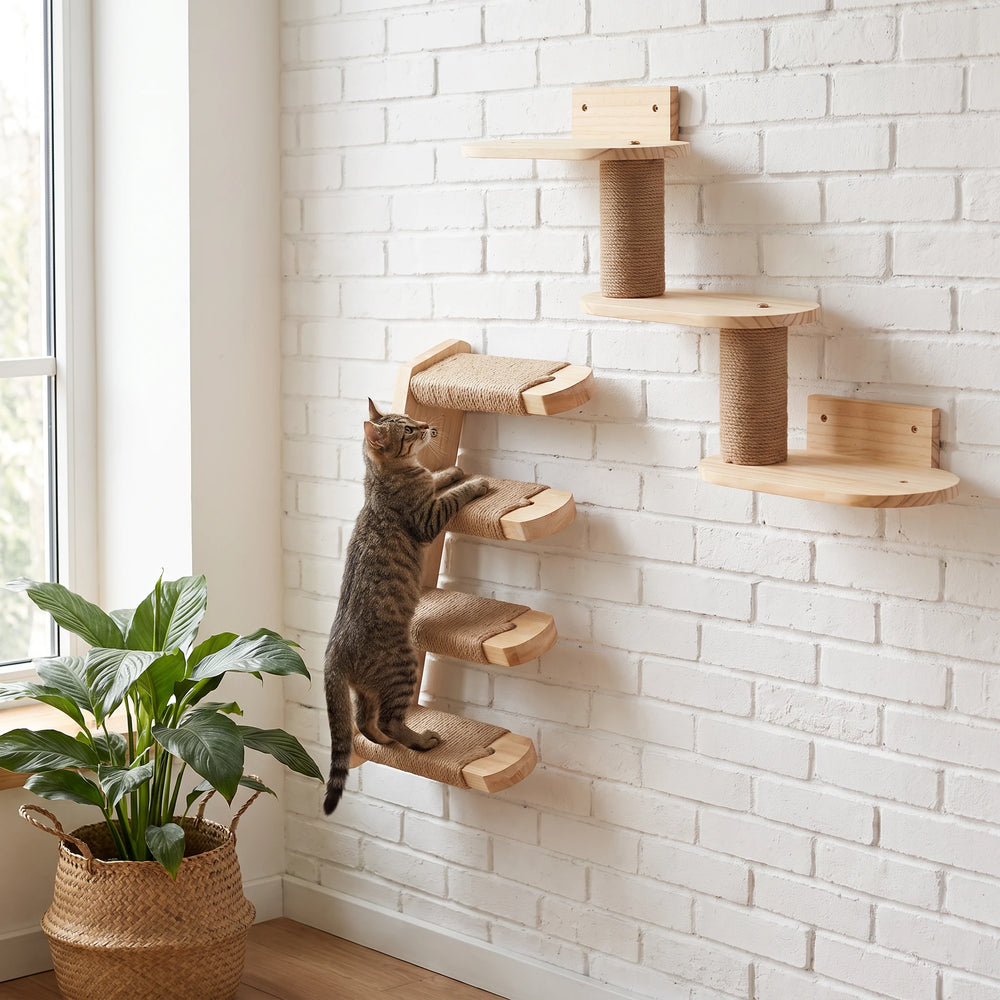 Mise en scène générée par IA : modules fixés dans un mur de brique pleine, échelle en jute et escalier — Les Trésors d'Owka