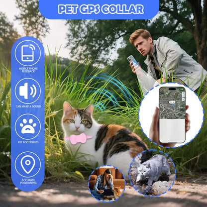 Infographie du collier gps pour chat rose avec localisation précise : retour smartphone, signal sonore et historique des déplacements. Chat calico portant ce collier gps chat sécurisé en extérieur. L'image montre l'application de cartographie et le suivi en temps réel. Une solution type collier gps à chat bureau avec support AirTag nœud papillon pour la sécurité du félin.
