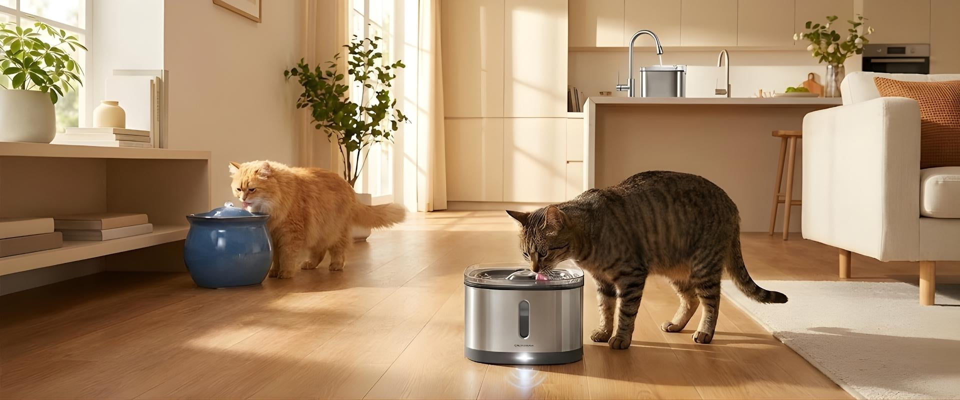 Deux chats s'hydratant dans un salon moderne baigné de soleil : un chat tigré boit à une fontaine à eau chat sans fil en inox avec détecteur de mouvement, pendant qu'un chat roux utilise une élégante fontaine à eau chat céramique bleue. L'environnement souligne le design silencieux des appareils.