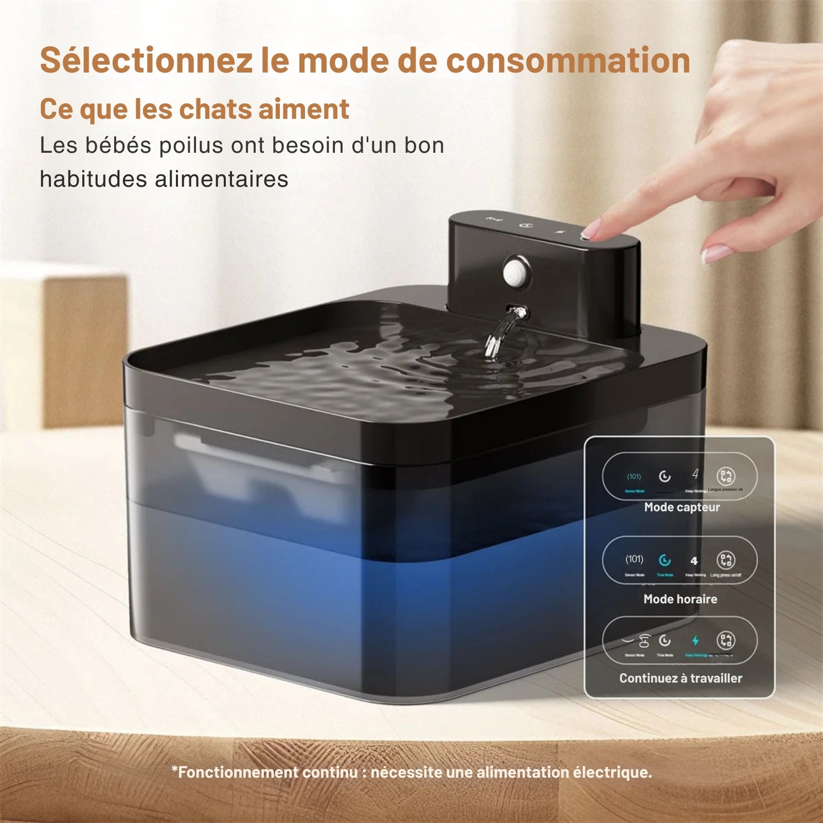 Fontaine à eau pour chat noire avec capteur de mouvement. La main d'une personne est sur le bouton tactile de la fontaine chat pour sélectionner le mode de fonctionnement. L'image détaille les modes : "capteur", "horaire" et "continu". Une fontaine pour chat moderne et interactive.