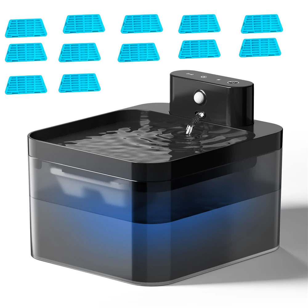 Fontaine pour chat avec pack de 12 filtres de rechange. Fontaine eau chat noire sans fil, ultra silencieuse, incluant un kit de filtration annuel. Offre exclusive Les Trésors d'Owka : la fontaine chat complète pour une eau purifiée sans interruption.